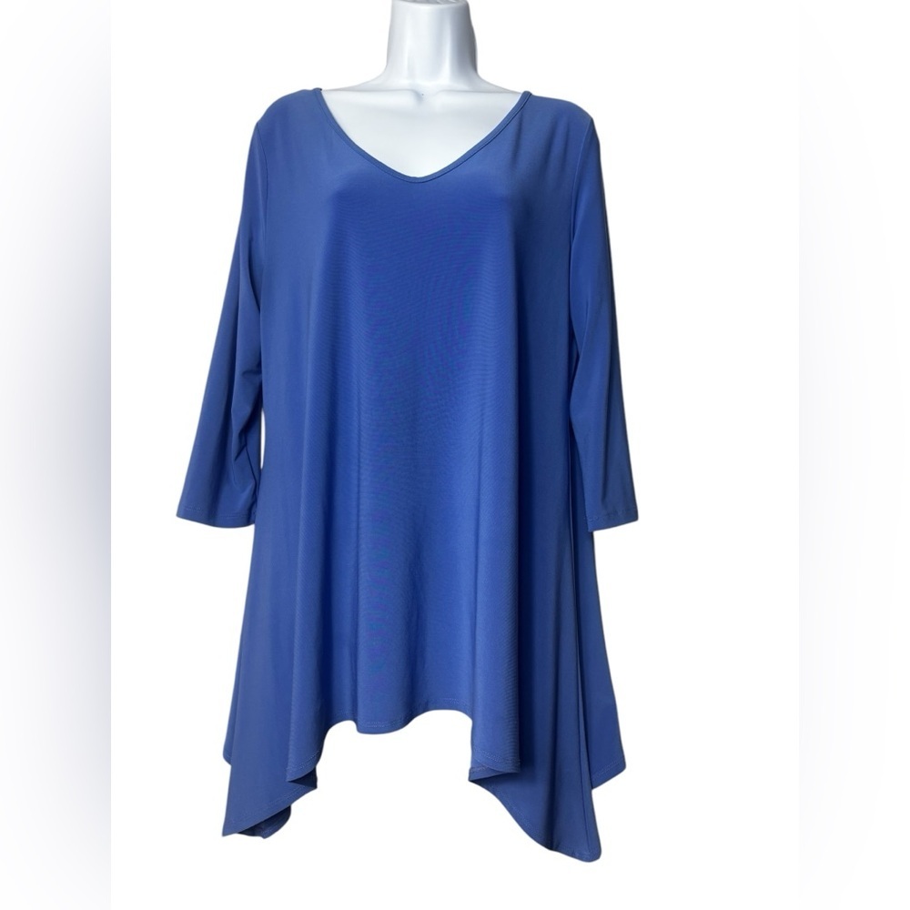 Clara Sun Woo Women’s Jersey Knit Blue Trapeze Top Size Large Made in USA Hi-low